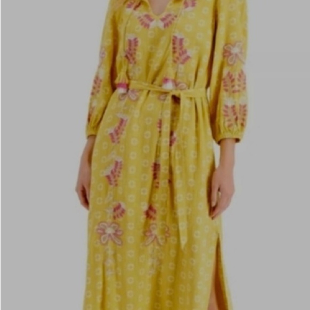 Embroidered Linen Midi Dress Caftan / Resort Wear NWT XS